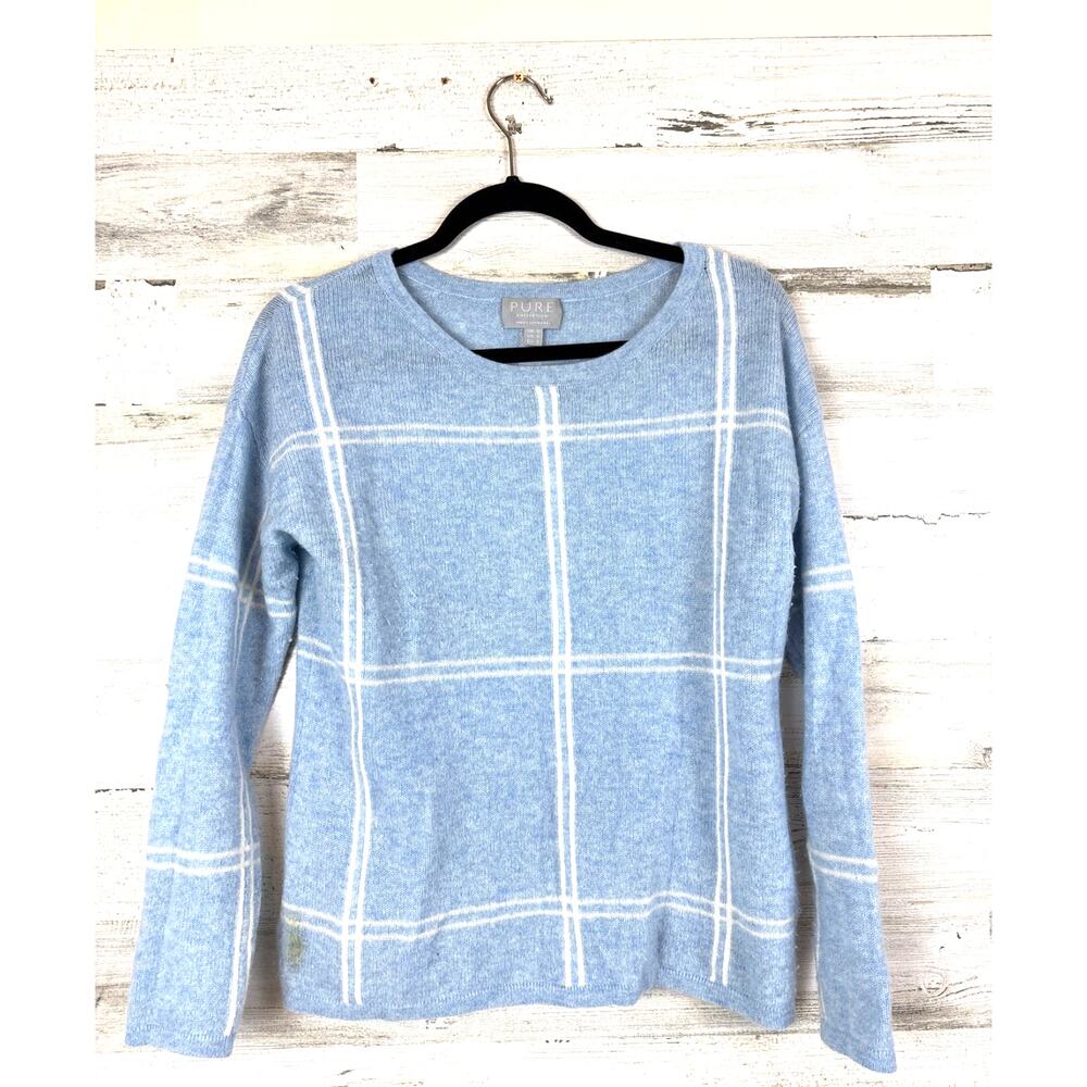 Pure Collection Blue Plaid Cashmere Sweater Womens Soft Crew Neck Luxury S